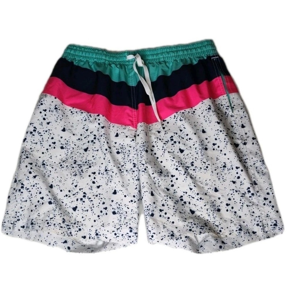 Chubbies Swim Trunks Mens Large White Pink Teal Splatter Striped Board Shorts